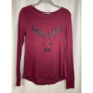 It Closet Women’s Burgundy Long Sleeve Top-Reindeer Black Glitter Print Sz Small